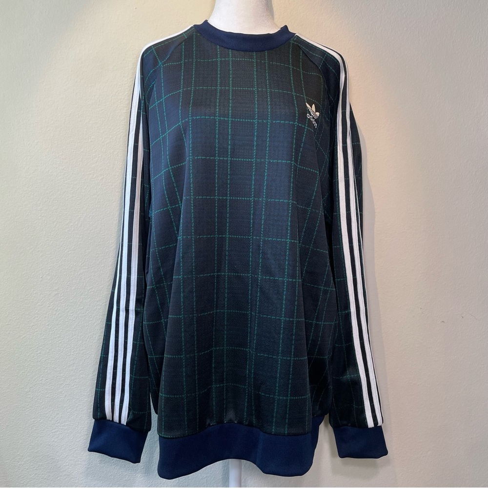 adidas Originals Men’s 3-Stripes Sport Crew Neck Tartan Pullover Blue Green L